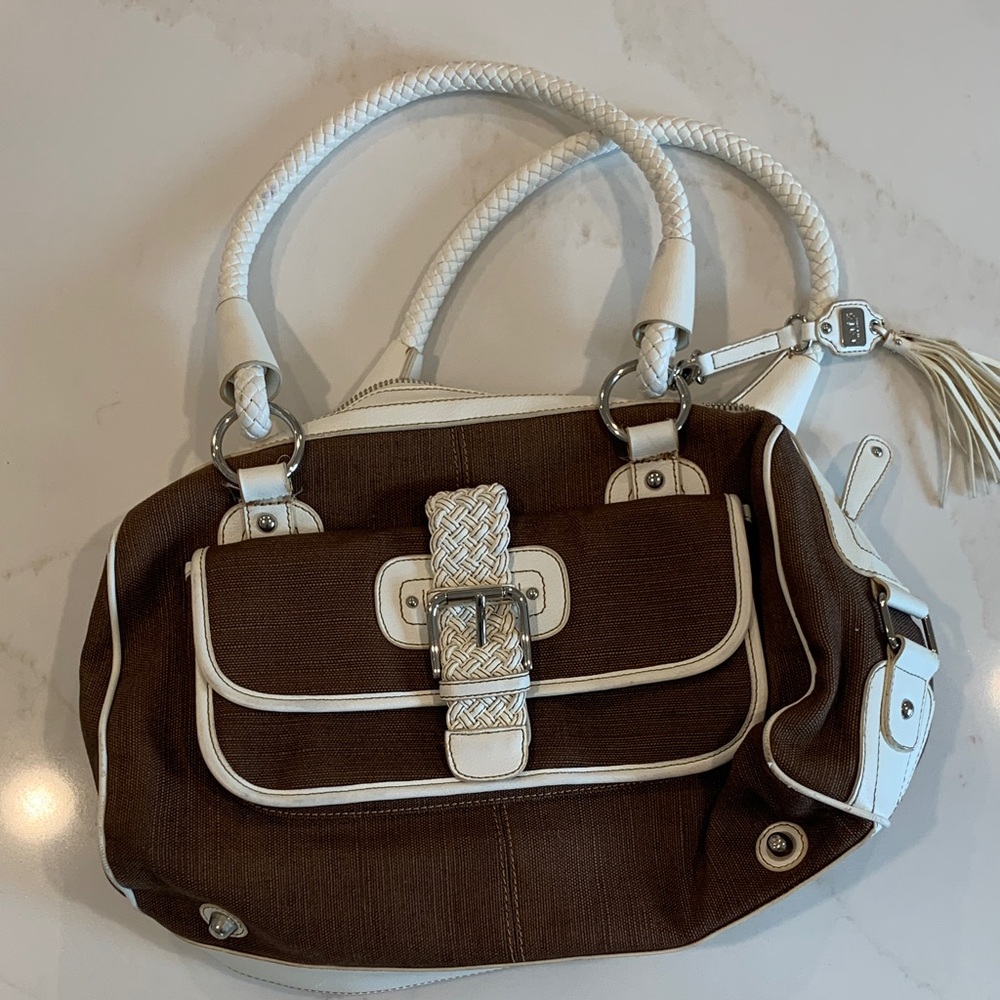 NEW Rafe Brown and White Braided-Trim Satchel